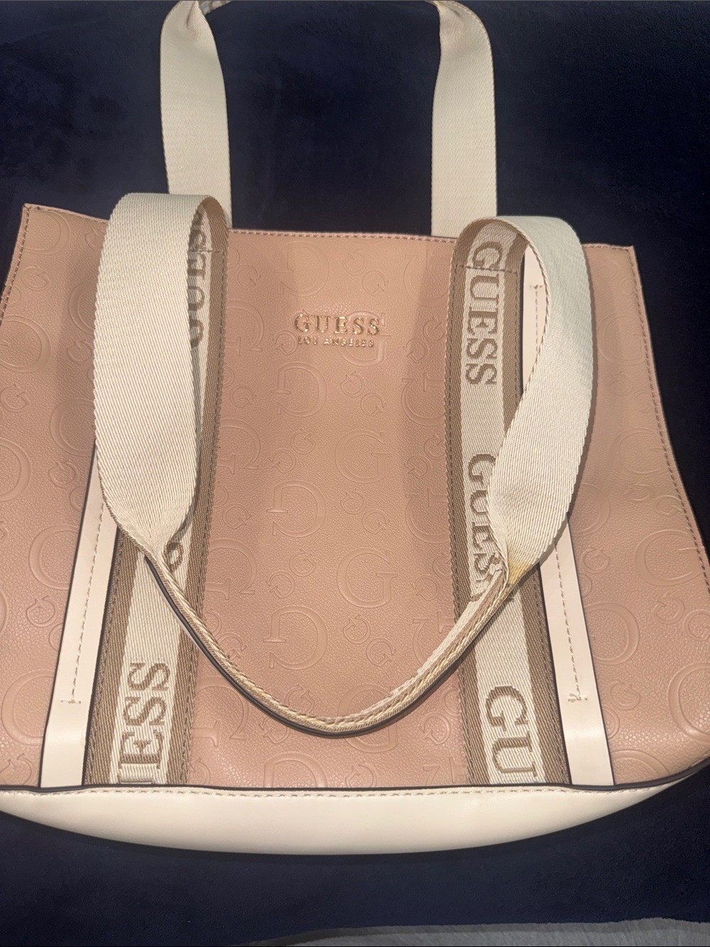 GUESS Blush Pink Logo-Embossed Tote with Cream Straps